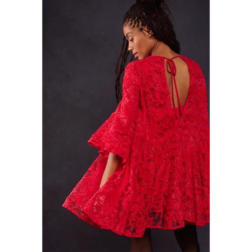 Free People Le Fleur Floral Lace Mini Dress Size S Red Boho Romantic - Picture 7 of 9
